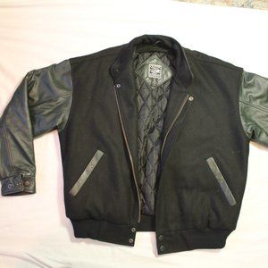 Black and green letterman jacket outer boundaries leather and wool